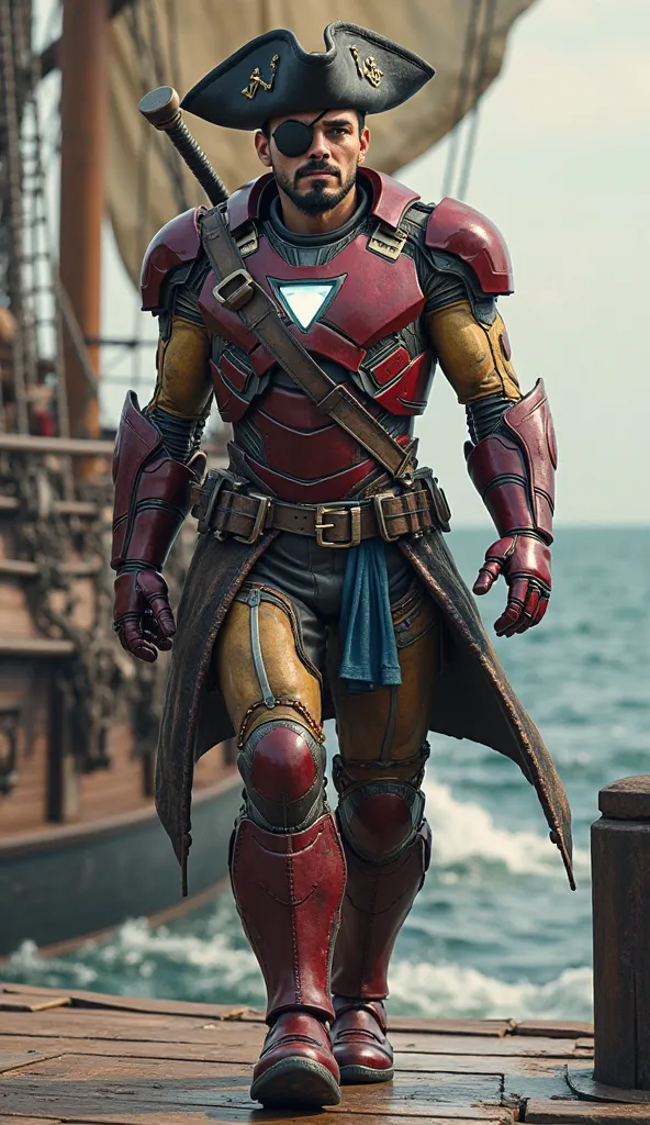 Marvel's Iron Man with his costume in an UNMASKED Pirate version including Pirate Hat Slap Eye, sword on a pirate boat walking towards the camera.