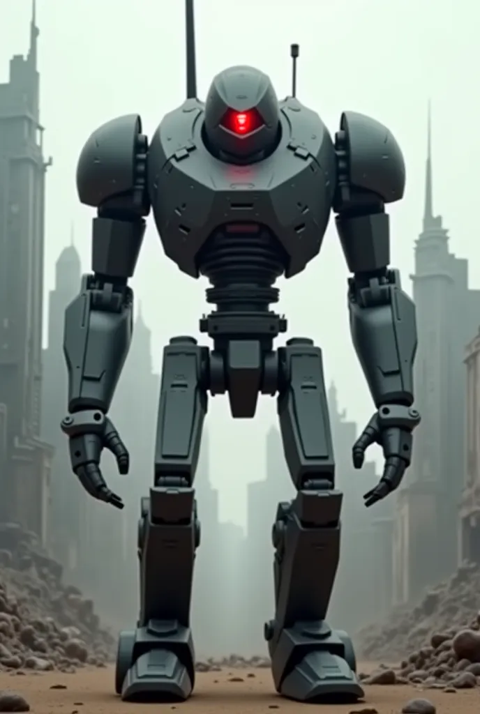 A Black robot with a sleek, metallic design, Its body is composed of angular plates and joints, exuding a sense of power and sophistication. The glowing red eye at the center of its head not only serves as a striking focal point but also suggests vigilance...