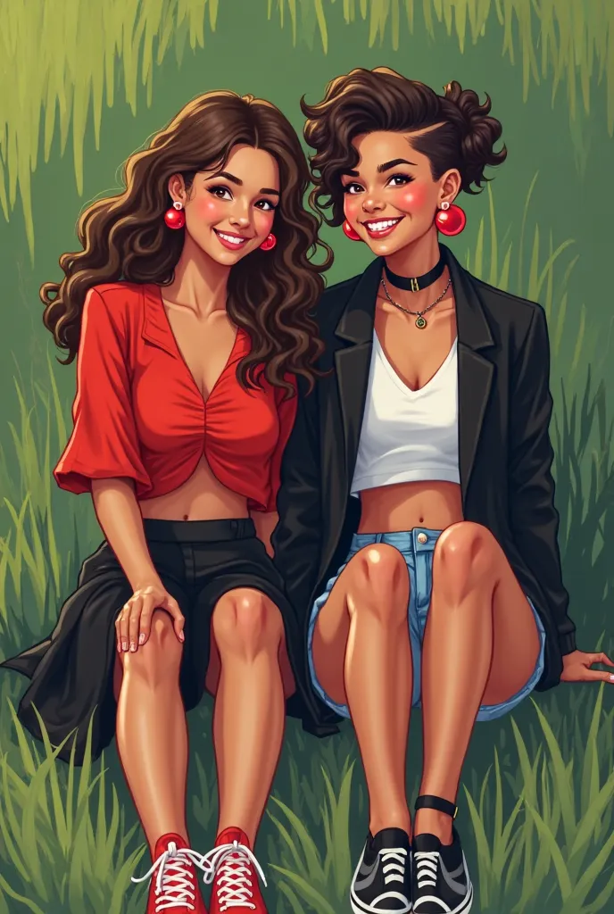 Two young Brazilian girls sitting against each other through the grass, the one on the left side showed a smile, wearing a red sleeve blouse with a black skirt and red sneakers, red ball earrings and a choker around her neck, Her hair is brown wavy brown. ...