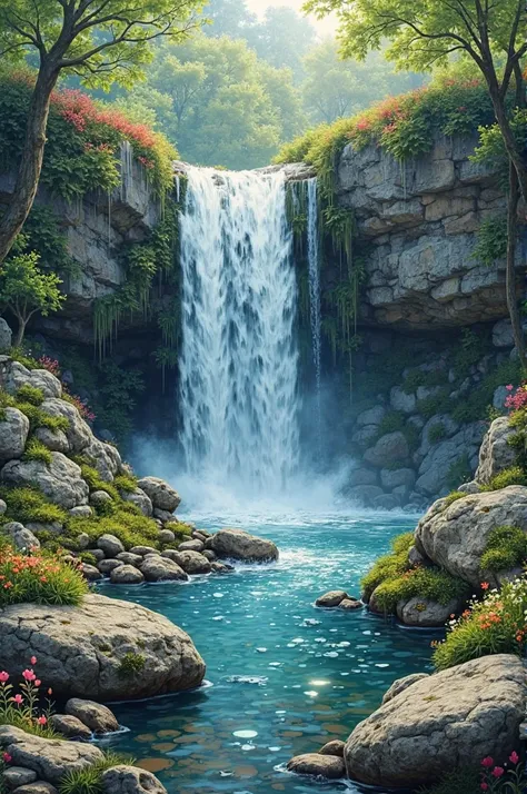 I want a painting to illustrate something like a waterfall or something with a wow effect embedded in epoxy resin. I have a square 25 by 30 cm to do some stones and moss from garden
