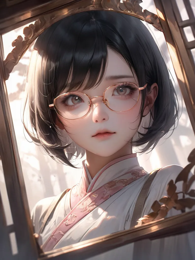 A girl with raven hair, wearing pink gold framed glasses. The camera angle is so that the people are below so that their heads can be seen. Soft pictures like Korean lines