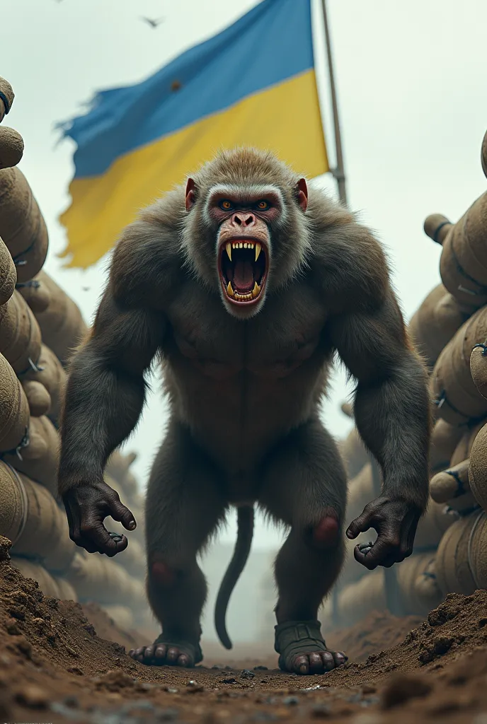 huge macaque at war in the trenches, with the Ukrainian flag