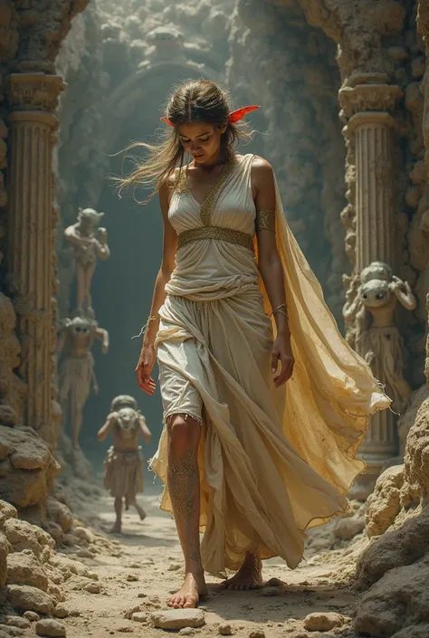 to a group of ugly Goblin dungeons {x} The goddess Athena wore many broken dresses in white and gold revealing a bunch of figures，Her skirt also broke off her legs，and surrendering，The goblin is stepping on his head