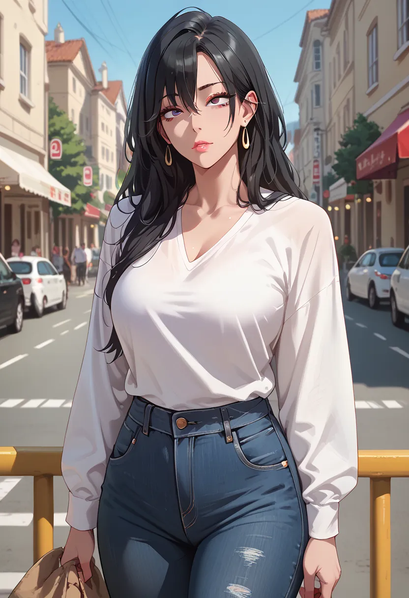 1 female, alone,  long straight hair, black hair, sloping eyes , denim pants 