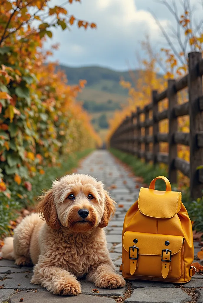 The image is a vibrant fall-themed photograph featuring a rustic wooden fence adorned with lush green and yellow ivy leaves. In the foreground, a fluffy, light brown dog with curly fur and expressive eyes lies on a stone path, exuding a relaxed demeanor. N...