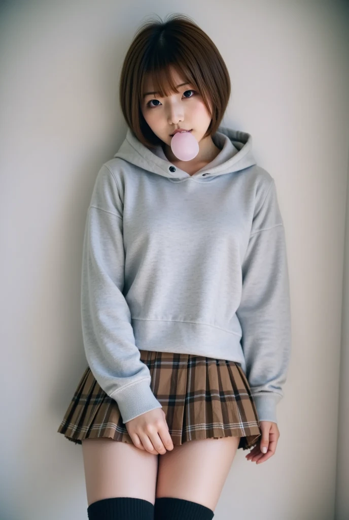 masterpiece, best quality, Cinematic photo, Japanese 18-year-old girl (short chestnut Hair, bangs reaching to her eyebrows), Complete Anatomy, Complete Hands, chewing bubble gum, cozy room, wearing a cozy light gray hoodie, a brown plaid pleated skirt, bla...