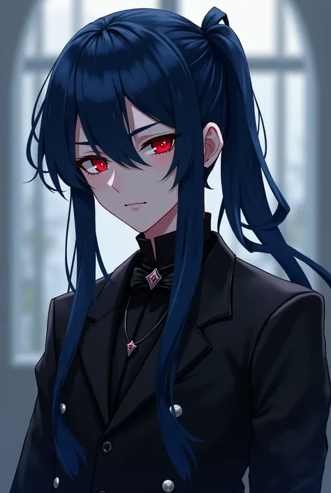  is a quiet anime young man with sharp crimson red eyes with long indigo hair, wearing it up with an indigo ribbon and leaving two long strands on the front  .With bright skin and wearing all the black fantasy clothes represented in a luxurious school suit...