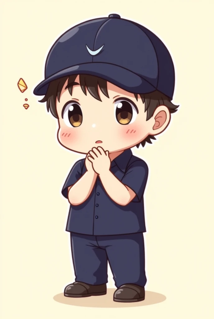 Shibuya style young man, cute, anime cartoon style, fair skin, wearing a dark blue short-sleeved uniform, slacks and a dark blue cap, short dark brown hair, clear face, big eyes, blushing face, confident eyes, making a gesture of raising his arms to cross ...