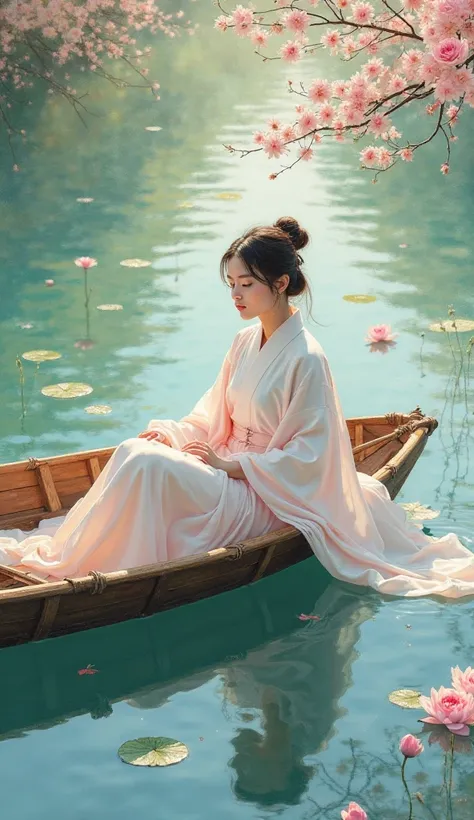 Hint: This is a hyperrealistic impasto painting of a young woman dressed in a soft white and pale pink hanfu, gracefully sitting in a boat floating on a tranquil lake. Thick, expressive brushstrokes applied with a palette knife create depth and movement in...