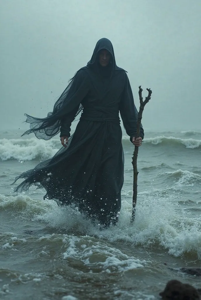 a man in a black robe holding a cane ran over the surface of the sea 