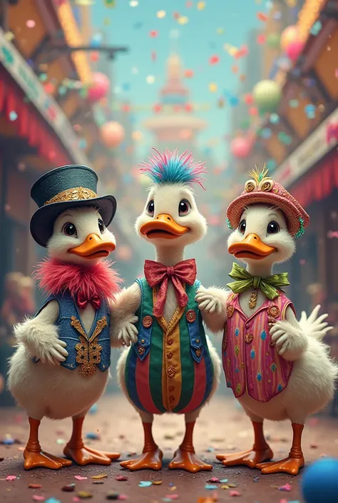 Create the drawing of three ducks with carnival clothes