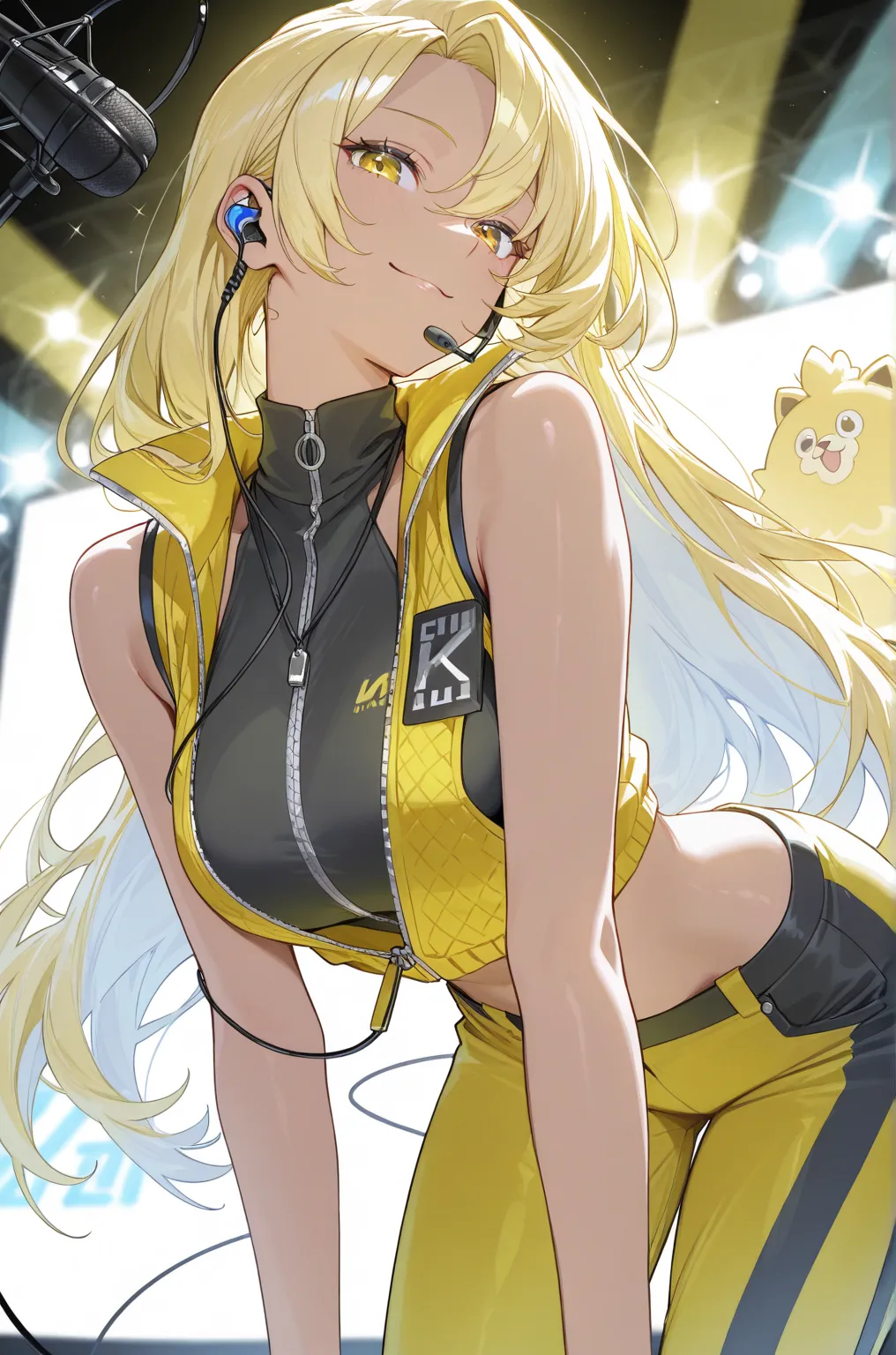 tall female, blonde female singer, blonde hair, long hair, earpiece microphone, yellow puffer vest, high quality puffer vest, High Neck Sleeve, open zip vest, long pants, looking at viewer, sweet smile,