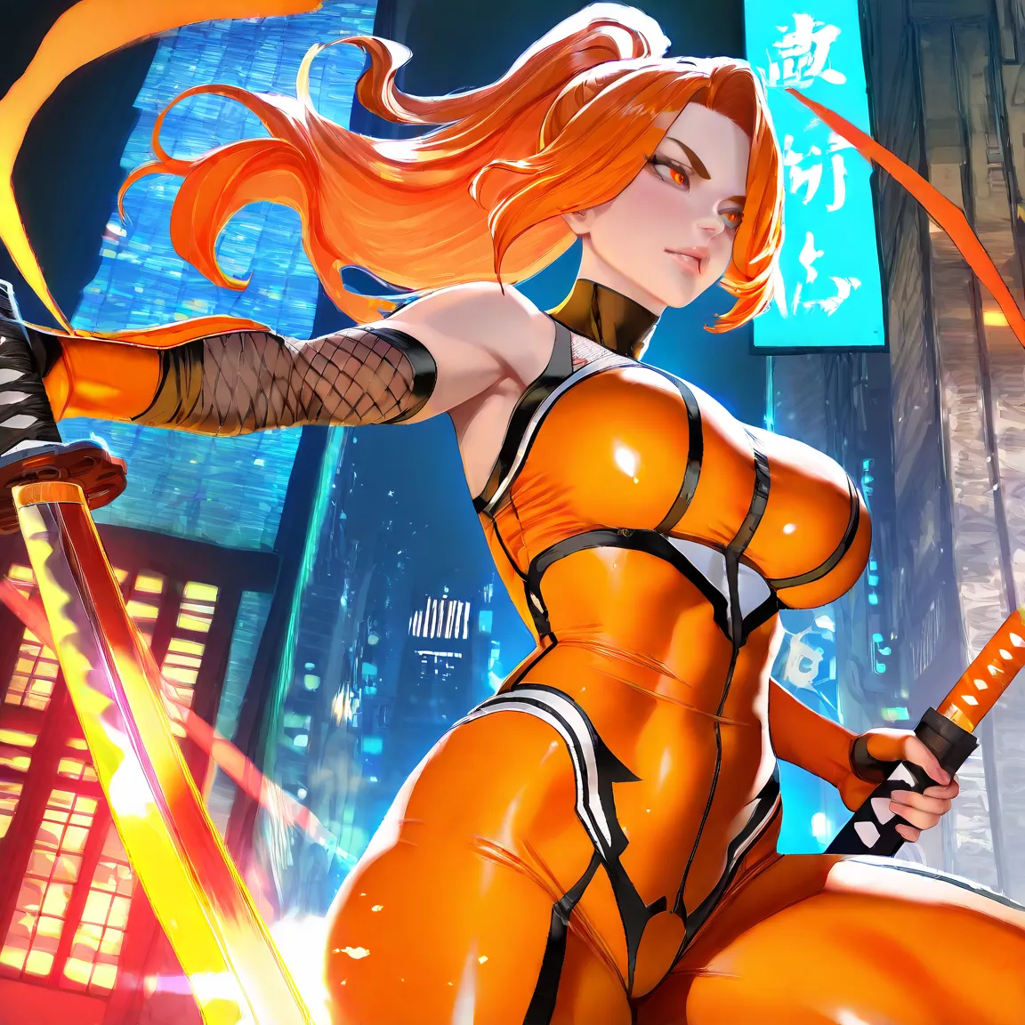 Anime HD, Taimaninアサギ, A Female Ninja in Tights, ninja girl, Darts, with a katana partially withdrawn from its saya, orange yoga suit, 橙色 long hair, long hair, The edge of the building, Fighting Stance, Sexy, Crescent , night, Modern city building scene, R...