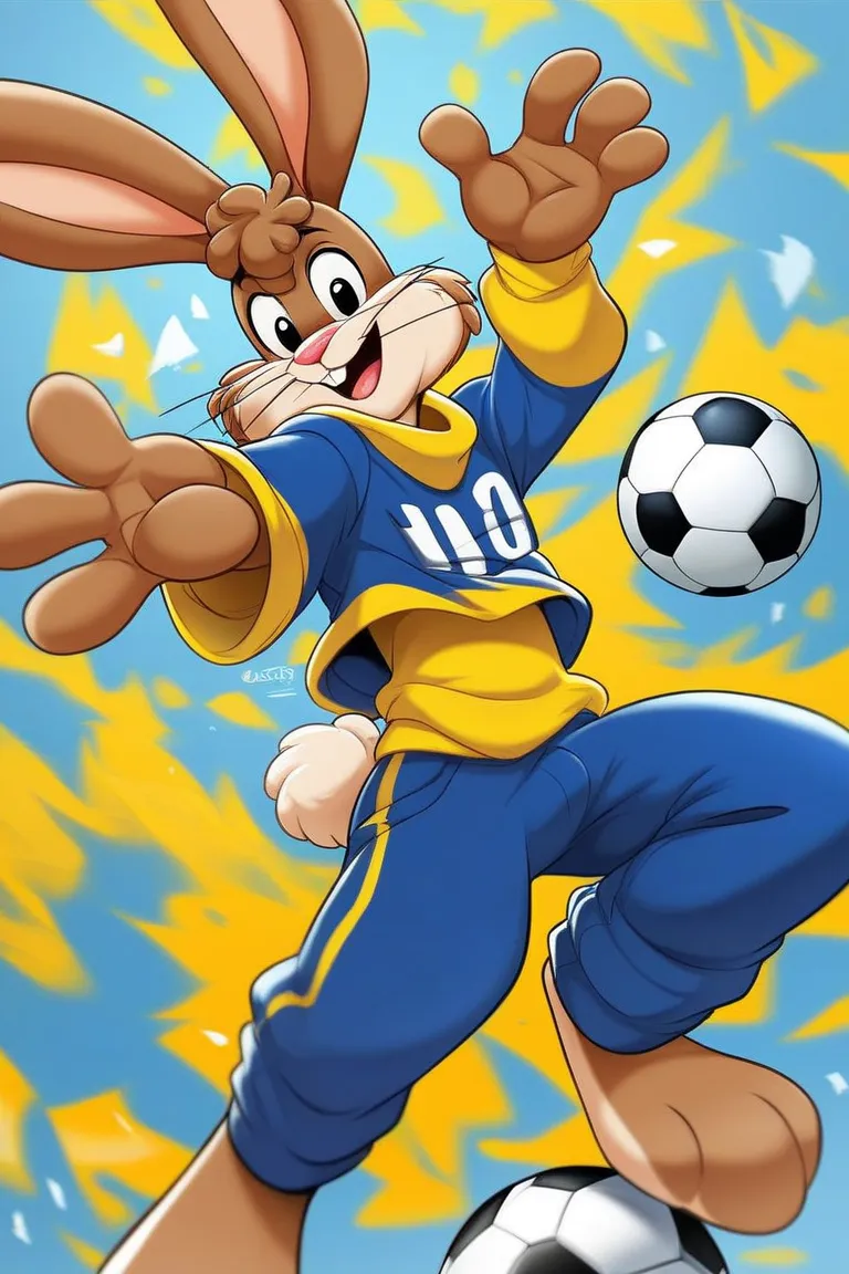 zPDXL3,quicky,4 fingers,brown fur, blue pants, yellow winter sweater, French style, quicky, cute rabbit hair, furry, rabbit, male, femboy, slim,solo,looking_at_viewer, soccer‚ ball