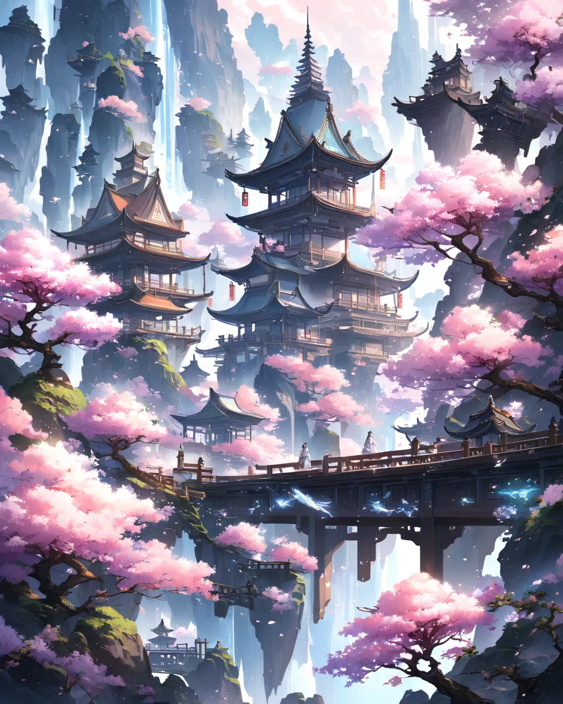 A breathtaking ancient Chinese mountain landscape with cascading waterfalls, misty peaks, and traditional multi-tiered temples perched on rocky cliffs. The scene is enveloped in soft mist, giving it an ethereal and mystical atmosphere. The architecture fea...