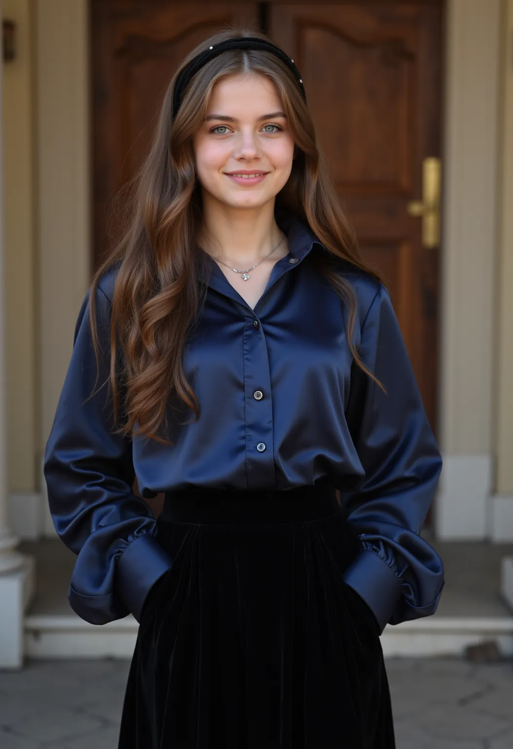 Ultra realistic gorgeous 21-year-old German brunette altar boy ,  beautiful eyes .  long brown hair with wavy hair .     hairband ,  Cross necklace , long shiny dark blue satin blouse with buttons and an ankle-length black velvet pleated skirt,   transpare...