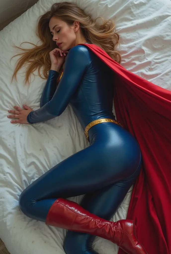 Realistic, side ass back view of supergirl lying on her side and desperately turning on her side, proportional posture, passed out and unconscious on a bed with white sheets having a orgasm, supergirl frowning sadly, supergirl's eyes closed and mouth sligh...