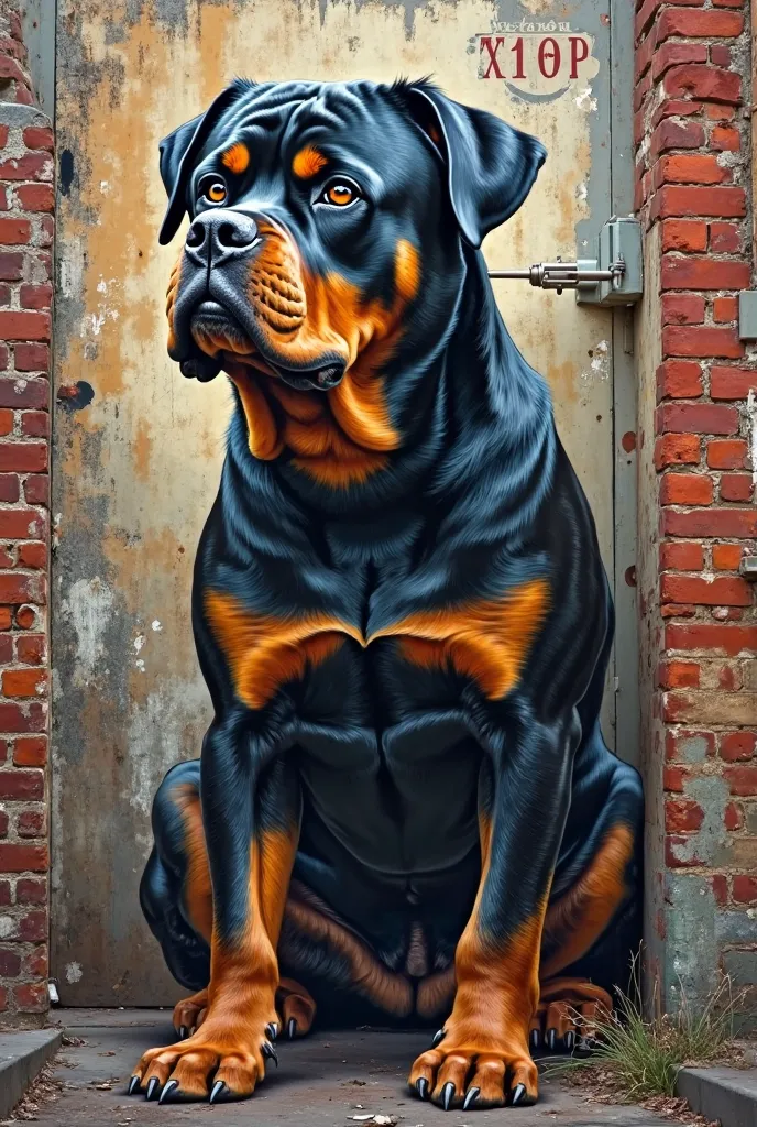 Create me a street art image based on the Rottweiler in 1920 by 1080 format in 4k