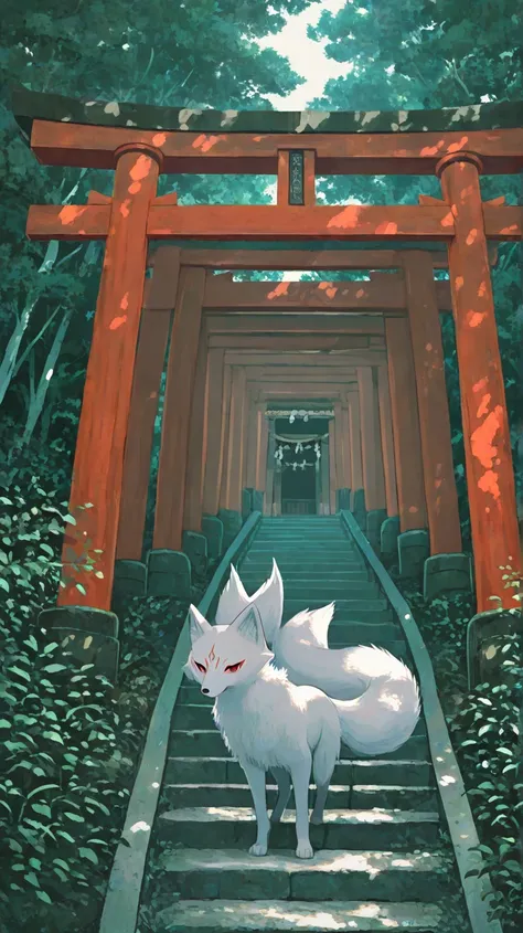 small ninetailedfox,white,animal,Japan,shrine,Torii,red eye,cool