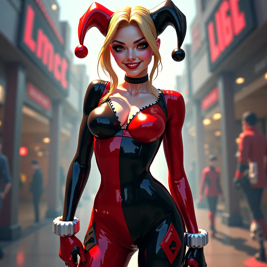 Harley Quinn very sexy in the classic red and black costume with comic animation