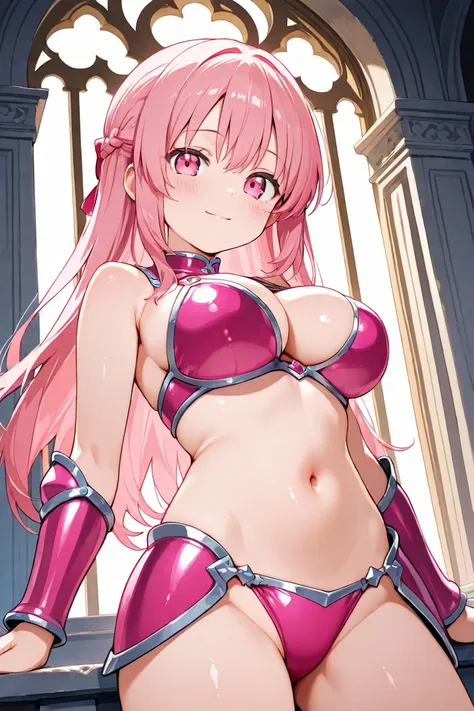 anime screencap, 1girl, solo, looking at viewer, cowboy shot, pink bikini armor, midriff, navel, pink hair, long hair, pink eyes, large breasts, light smile, blush, castle,