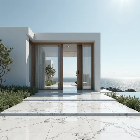 modern seaside villa、Single building、front、The entrance door is two stories high、Large glass windows on the left and right sides、bright marble slate tile