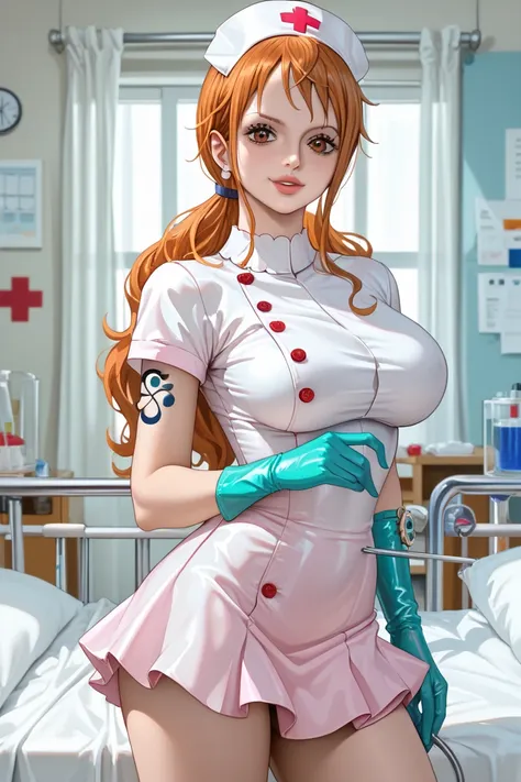 nami de one piece en tenue d'infirmière avec des gants en latex et une jupe