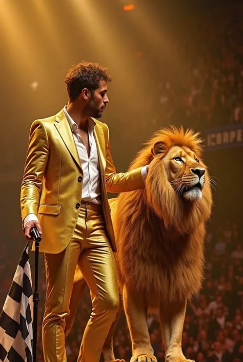 A male singer in a gold suit, Standing on stage, Next to him is a golden lion. His left hand holding a checkered flag lashes, Right hand strokes the lion's smooth fur, Bright light background scene, creates a sense of grandeur and cinema.  extremely sharp ...