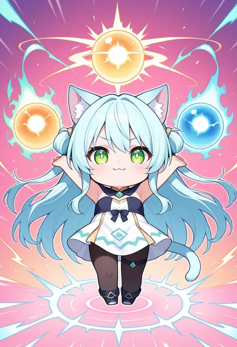 source_anime,(chibi:1.2),A vibrant and energetic chibi-girl with a confident expression is performing a powerful energy attack, similar to the Spirit Bomb.(:3,cat eyes), She stands with her arms raised high, gathering a massive glowing energy sphere above ...