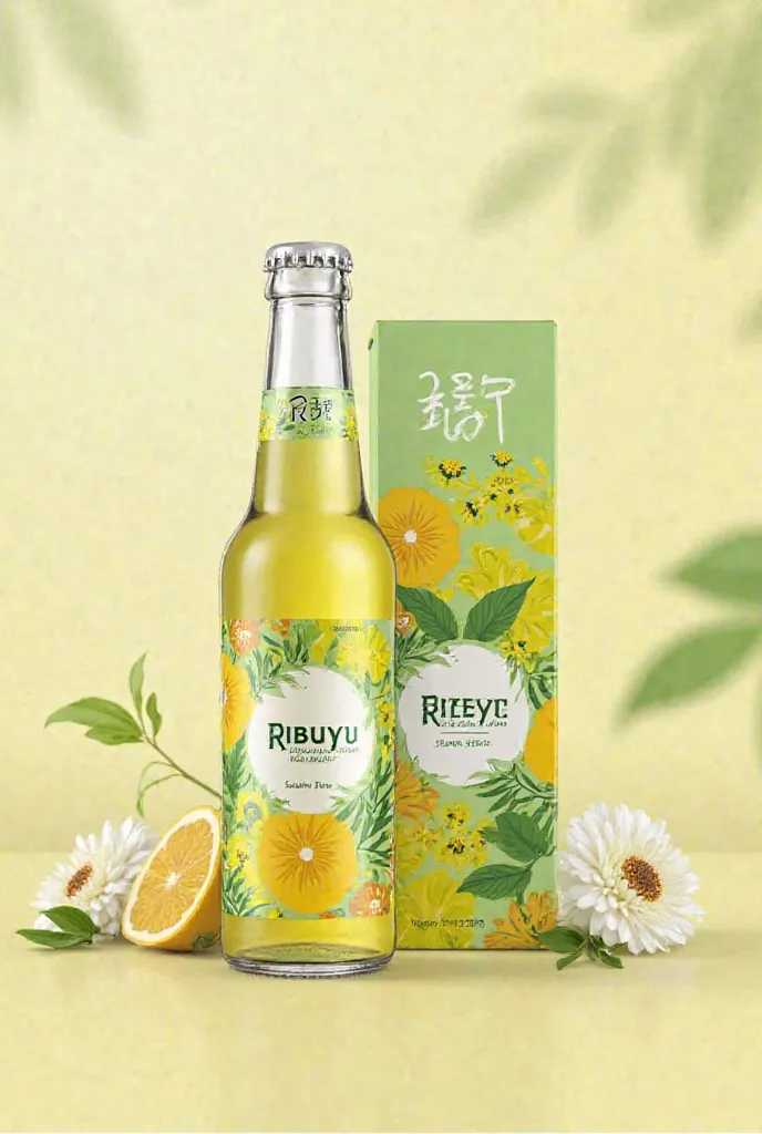 Label for a ginger beer named ribuyu with colors green yellow white on bottle and its carton 