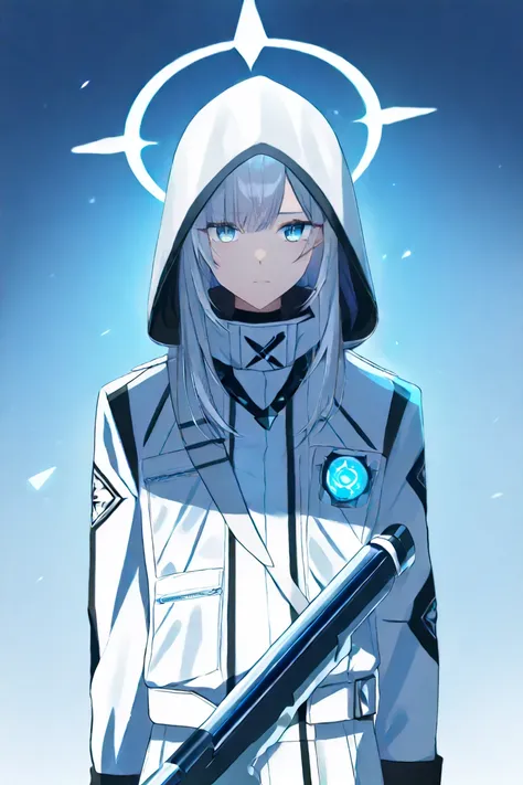 masterpiece, best quality, very aesthetic, absurdres,,simple background, alone, virtual youtuber, looking at viewer,upper body、white   long coat、 white hood 、White   long hair、 blue eyes、white tactical suit、 shotgun、 slender figure、   long、white cross halo...