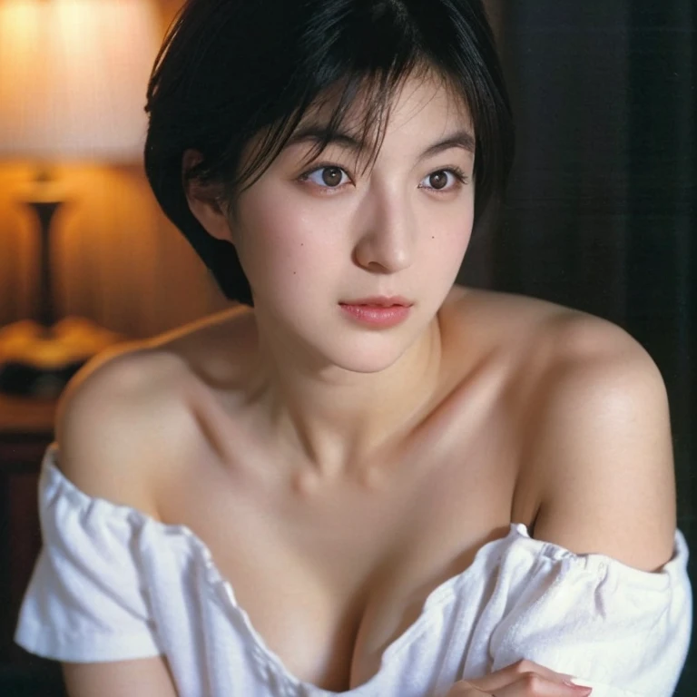 highest quality, masterpiece, ultra high resolution, (realistic:1.5), RAW photo, very low off shoulder showing big breasts, in the dark, deep shadow, discreet key, cold light, sexy appearance, short hair looking at camera, catch light, beautiful face