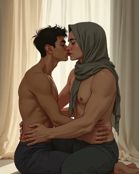 two topless gay  sons on their knees kissing each other in the hijab mother's arms,the hijab mother standing behind them,holding them and watching the two topless gay  sons lips