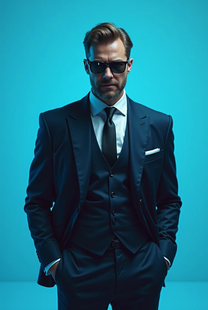 a man with dark glasses in a suit , The background of the blue image