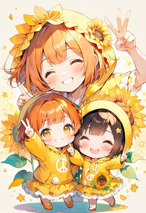 A highly detailed Dreamy fantasy anime-style illustration of Chibi-Style, Watercolor painting, maintains a 3:1 head-to-body ratio, (adorable and cheerful cute immature chibi girl:1.3), (short fluffy bob haircut with vibrant orange hair:1.3), (closed happy ...