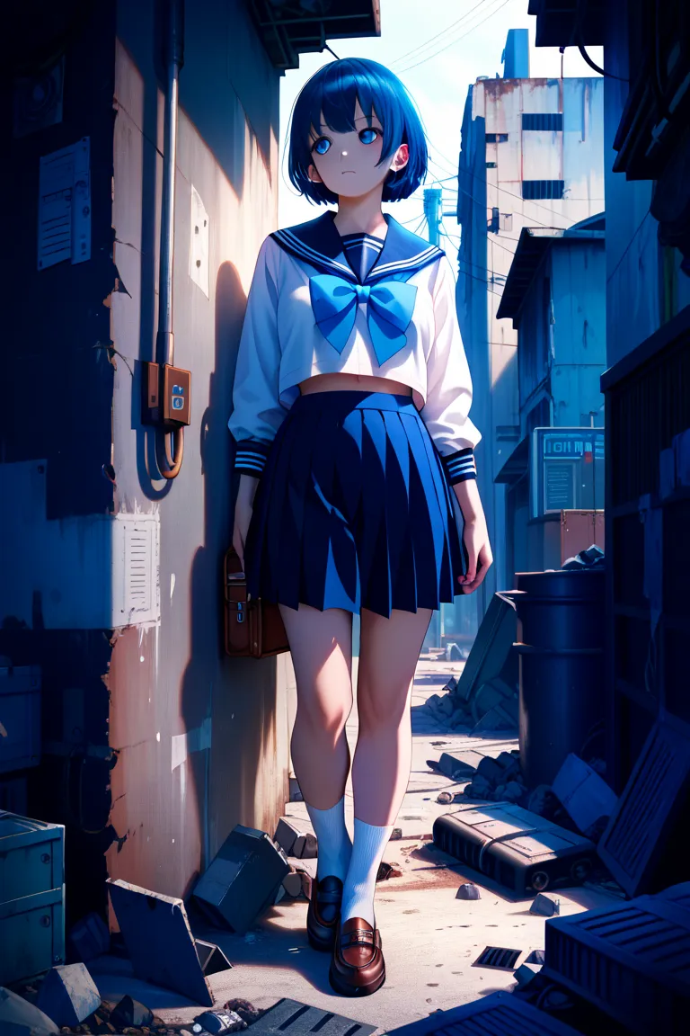 girl, blue bob hair, sailor school uniform, concrete ground