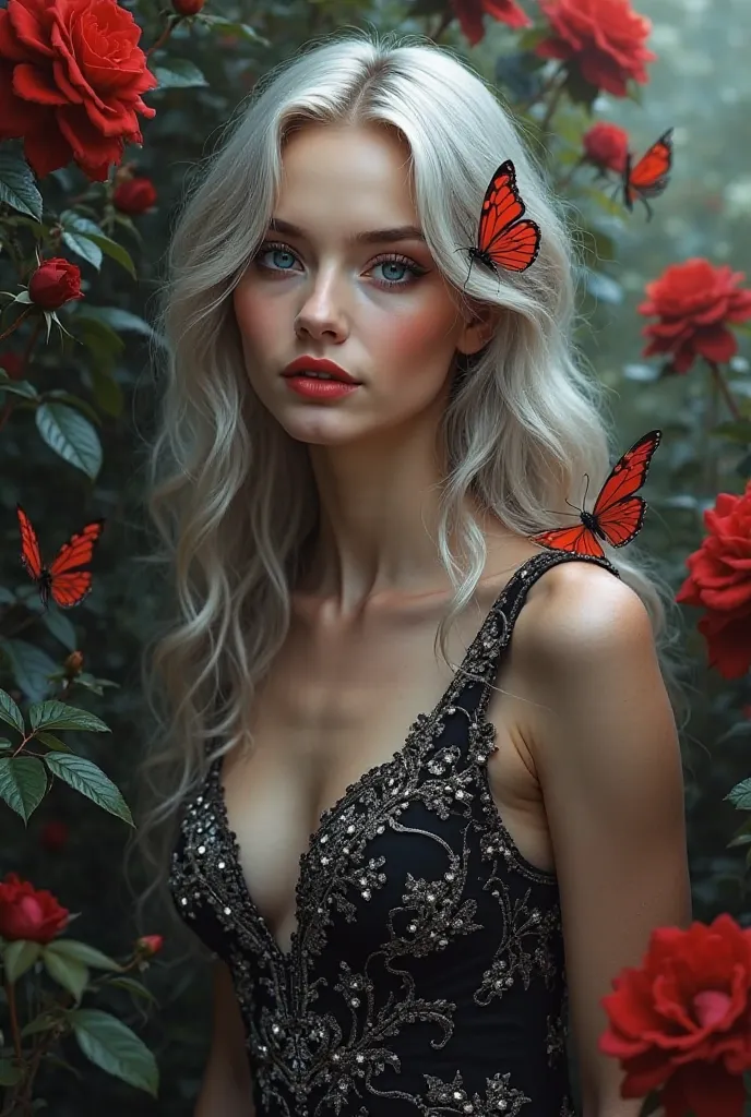 "not so realistic digital art A charming young woman with flawless skin, intense blue eyes and long, silvery slightly wavy hair. She wears a luxurious black dress with elegant silver details and embroidered embroidery. Vibrant red butterflies fly around he...