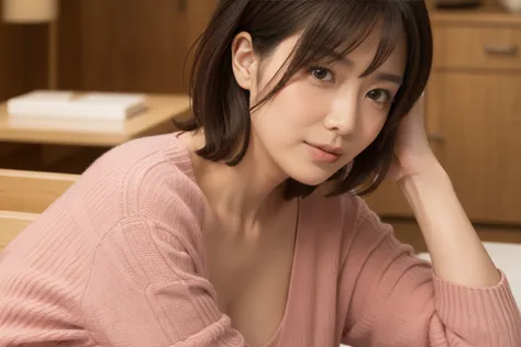 8k, Highest quality, masterpiece, realistic, Photorealistic, very detailed, natural light, medium breasts,  Can See Your Chest , 1 Japanese woman, Age 35,   black hair,  short hair, (looks up from below), light pink light knit v-neck shirt, very detailed顔と...