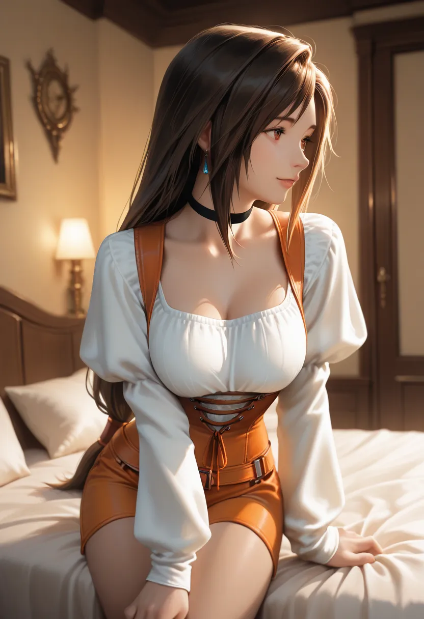 masterpiece, best quality, vibrant, very aesthetic, high contrast, photorealistic portrait,beautiful detailed face,detailed texture,detailed skin, newest, 1girl,final fantasy,source_final fantasy,Garnet Til Alexandros XVII,shirt,shorts,luxury bed room,invi...