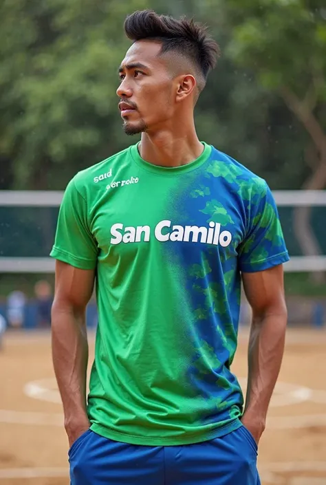 Green and blue volleyball t-shirt that says San Camilo
