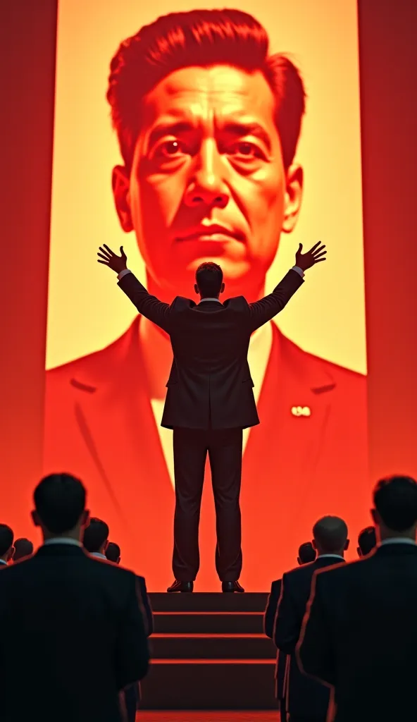 A symbolic and grand scene where an imposing man, in an impeccable black suit , stands on a large stage before a crowd. His arms are raised in a gesture of power, as surrounding world leaders applaud him. Behind him, a giant screen displays his face, reinf...