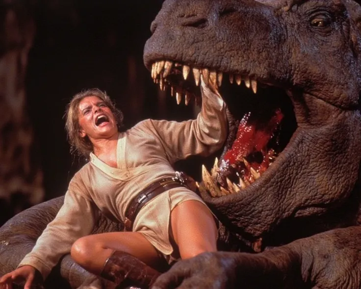 A female Jedi in underwear is being eaten by a giant dinosaur。
 she is screaming in so much pain。
She has wide open thighs。
Dinosaurs are slurping her。
実写風
tearsを流しながら助けを求めている
号泣，tears