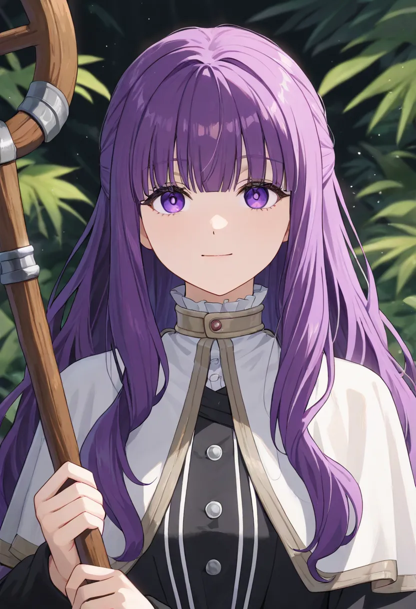 1girl,fern,purple hair,Fern ( Fern ) - Frieren : Beyond Journey's End ( Funeral Freelen ),upper body ,wavy hair,windy climate,looking at viewer,light smile,wooden staff in hand,masterpiece,best quality,