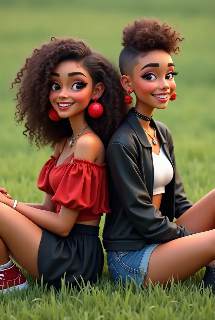 Two Brazilian girls sitting back to each other on the grass, the one on the left side showed a smile, wearing a red sleeve blouse with a black skirt and red sneakers, red ball earrings and a choker around the neck, Your hair is curly brown. While the girl ...