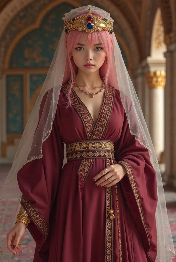 Here is a detailed description to generate the image of Sakura in full-body Arab suitesA young woman with delicate Japanese features,  fair skin, vibrant green eyes and long and silky pink hair. His expression is serious and determined,  with an intense an...