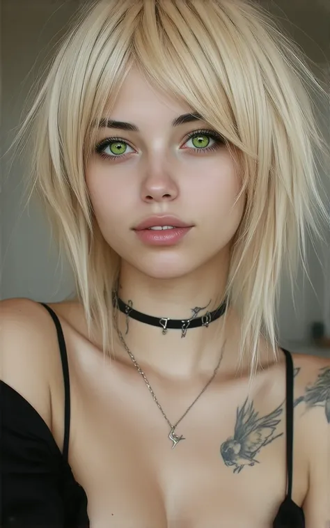 Emo woman blonde hair green eyes, a black top, with tattoos, full body image,  realistic art style ,  portrait of Rossdraws , portrait of art germ,  realistic art style , realistic digital art 4k, realistic digital art 4k, german art bokeh 8k,  DeviantArt ...