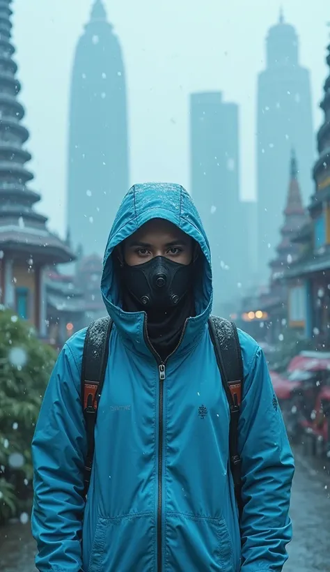 Ultra detailed portrait of a lone figure wearing a protective mask and light blue hooded jacket standing on a rooftop overlooking an alternative Jakarta where temples mingle with cyberpunk architecture, cold blue cinematic lighting, soft snow falling despi...