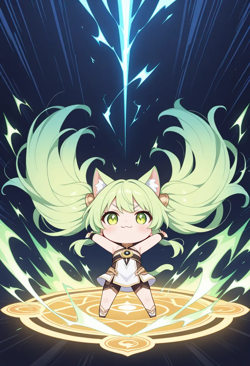 source_anime,(chibi:1.2),A vibrant and energetic chibi-girl with a confident expression is performing a powerful energy attack, similar to the golden Spirit Bomb.(:3,cat eyes), She stands with her arms raised high, gathering a massive glowing energy golden...