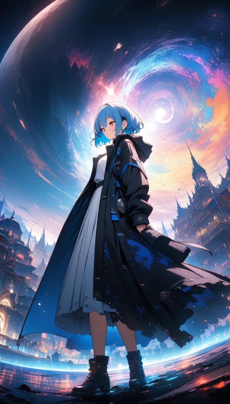 (masterpiece, Highest quality, Official Art:1.2), (colorful), perfect anatomy,one girl, front view。short hair。Blue hair color。Late Night。  Compa。moon。 Ultra Precise Illustration,  detailed , Dynamic Angle,  Beautiful details in, 8k,, (High Resolution), ani...