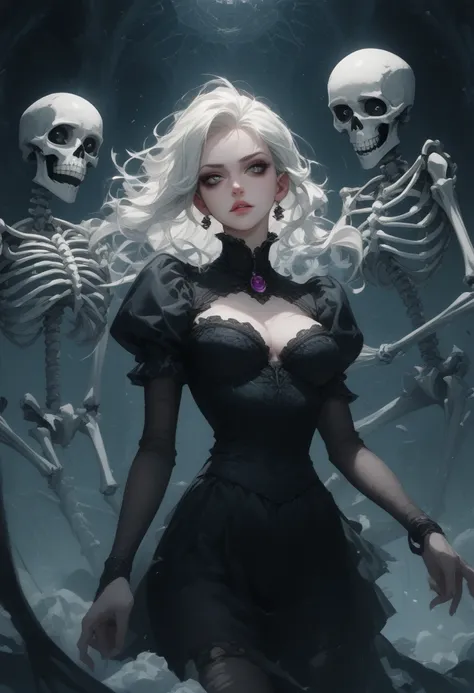 Female skeleton, white hair, underworld background